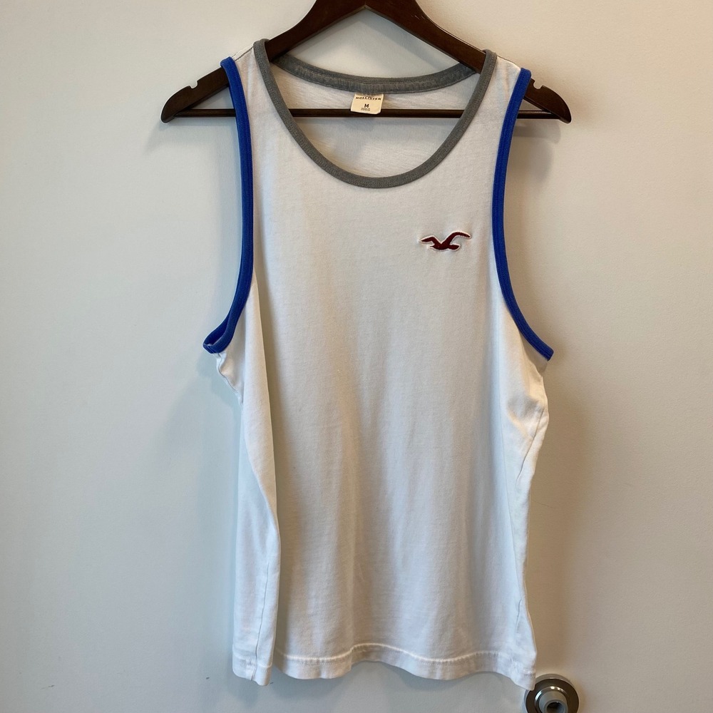 Hollister Tank Top Men M White Ringer Seagull Logo Sleeveless Surf Casual Beachy